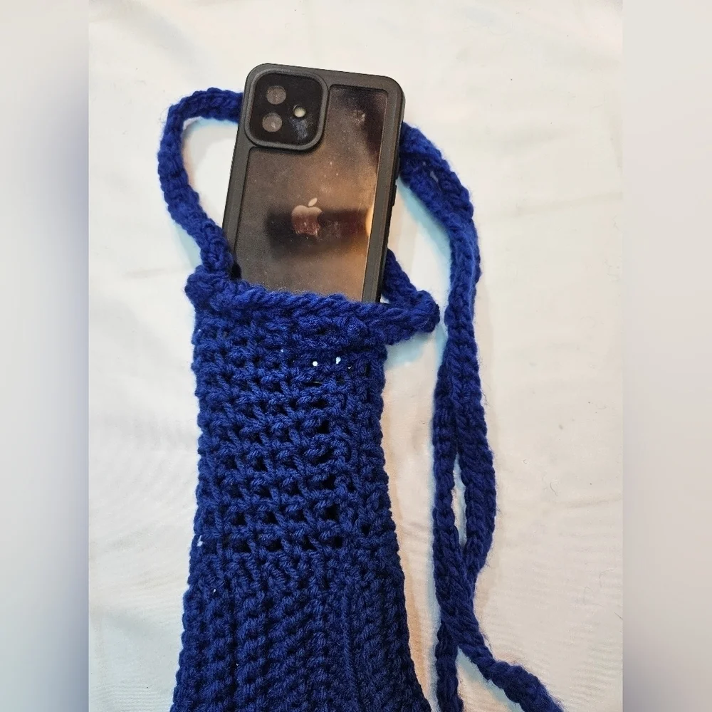 Hand Crafted hand knit crochet cellphone crossbody bag boho style electric blue